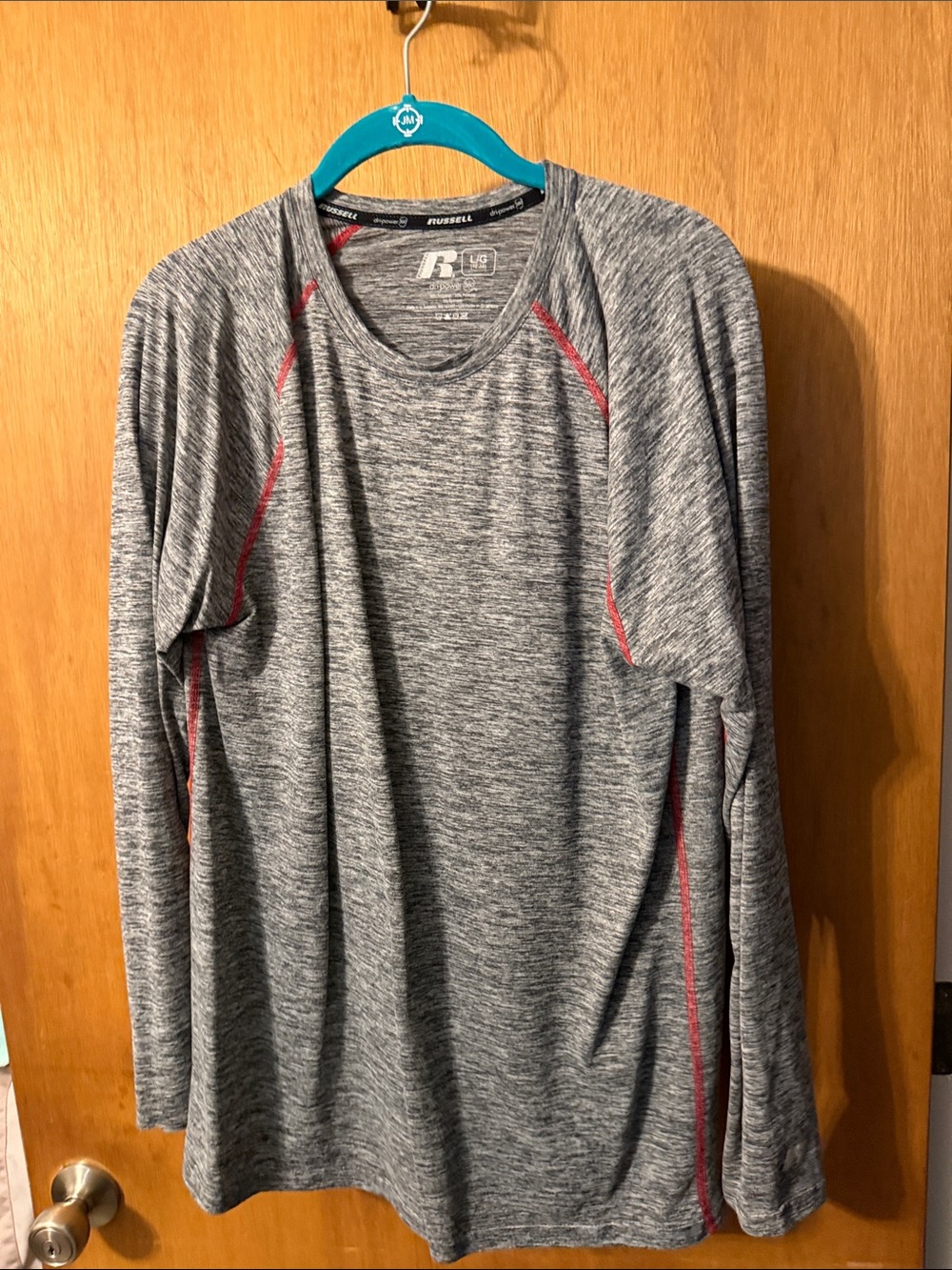 Russell Athletic Grey Long-Sleeve Athletic Tee with Red Accents
